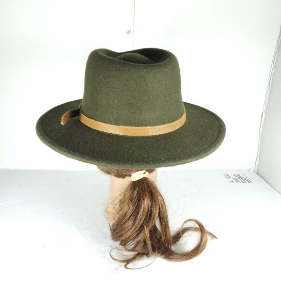 Frye Women\'s Medium Green 100% Wool Felt Brown Leather belt Fedora Hat